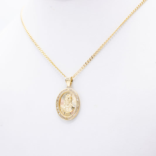 14K Jesus Face Pendant Cz Stones with Cuban Chain  Yellow Gold