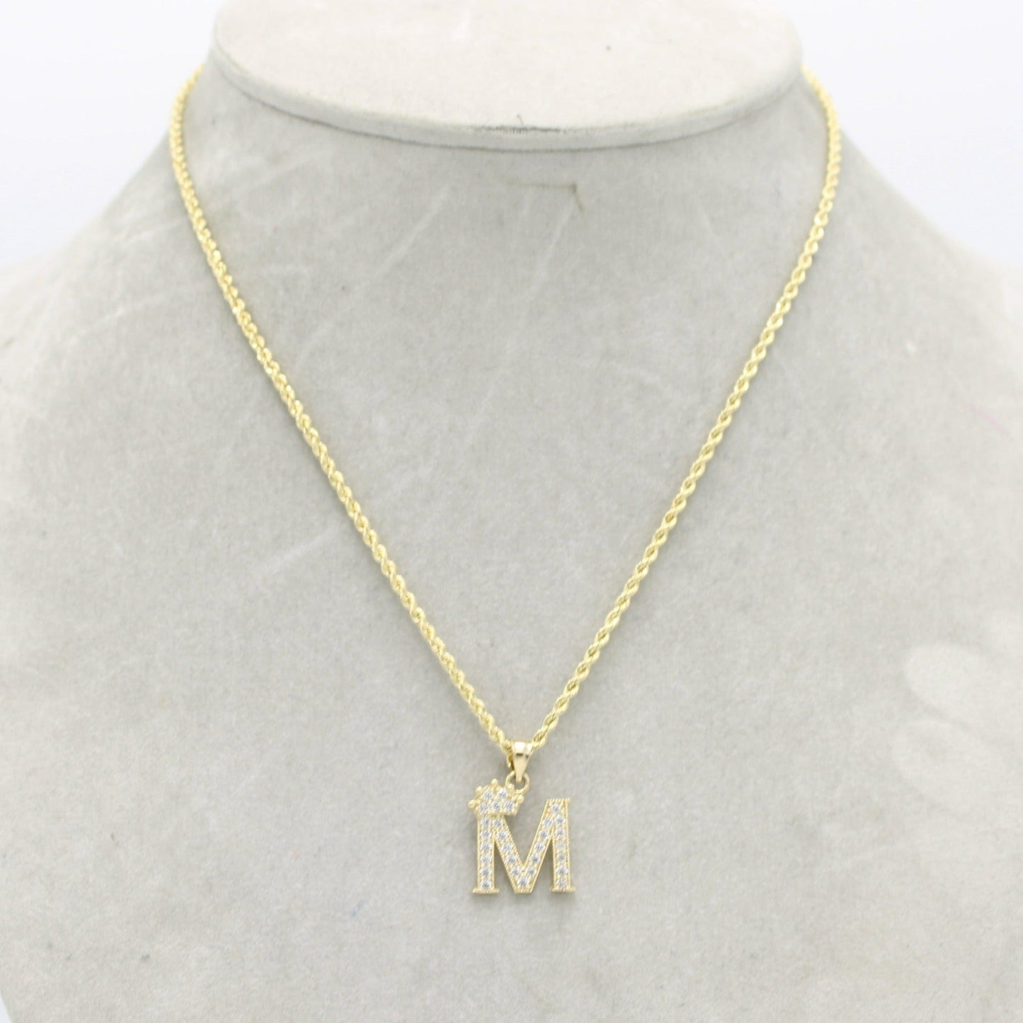 14K Crown Initial letter Name Cz Stones With Rope Chain Yellow Gold