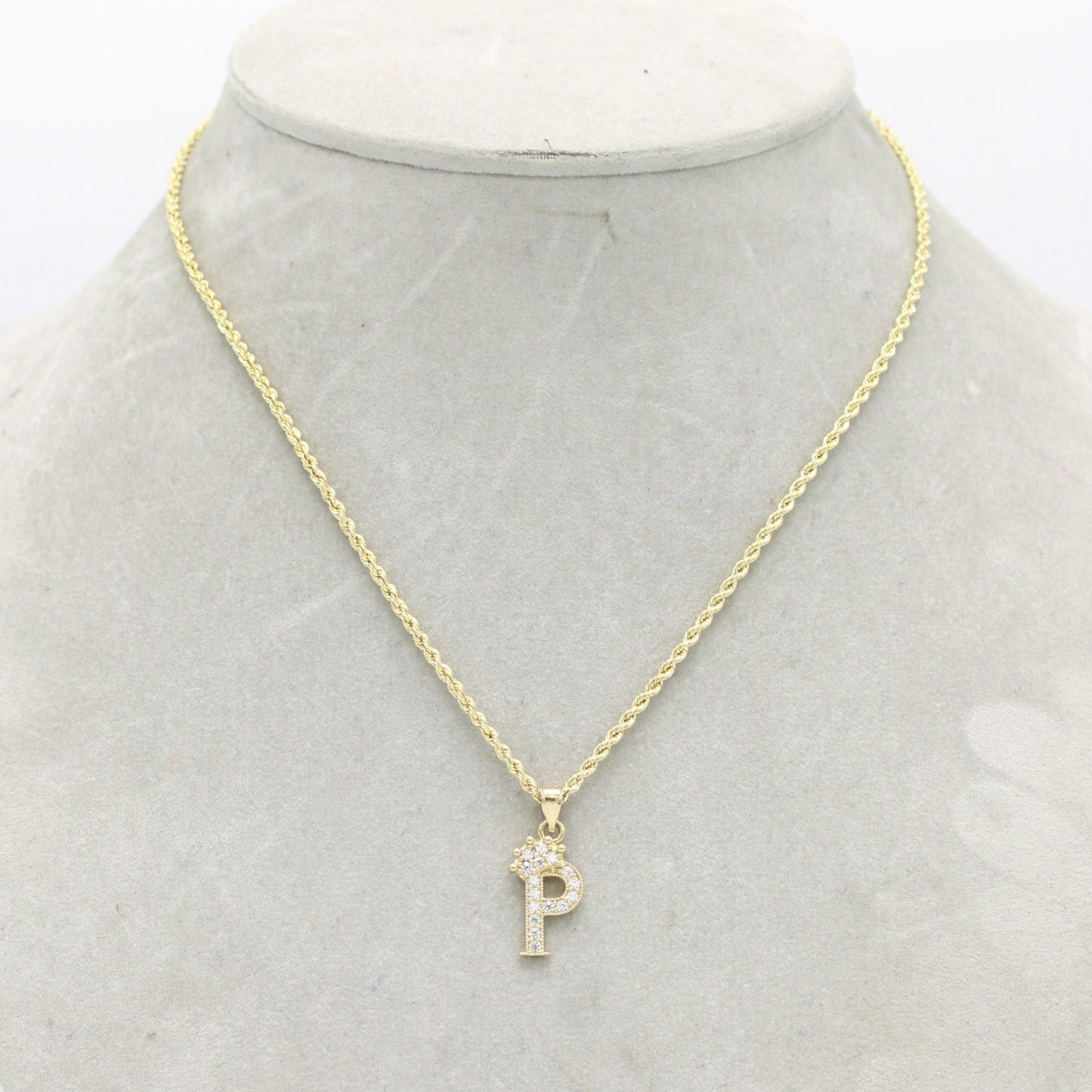 14K Crown Initial letter Name Cz Stones With Rope Chain Yellow Gold