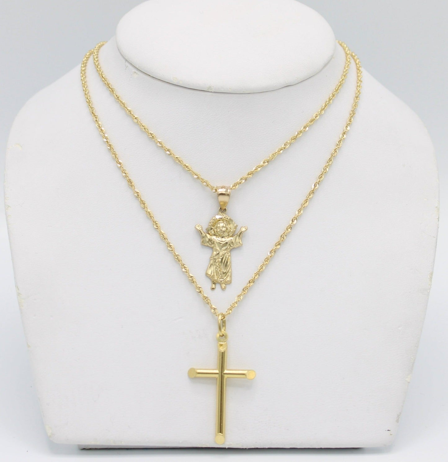 14K Set Rope Chains with Divino Nino - Cross Pendant Cz Stones Yellow Gold