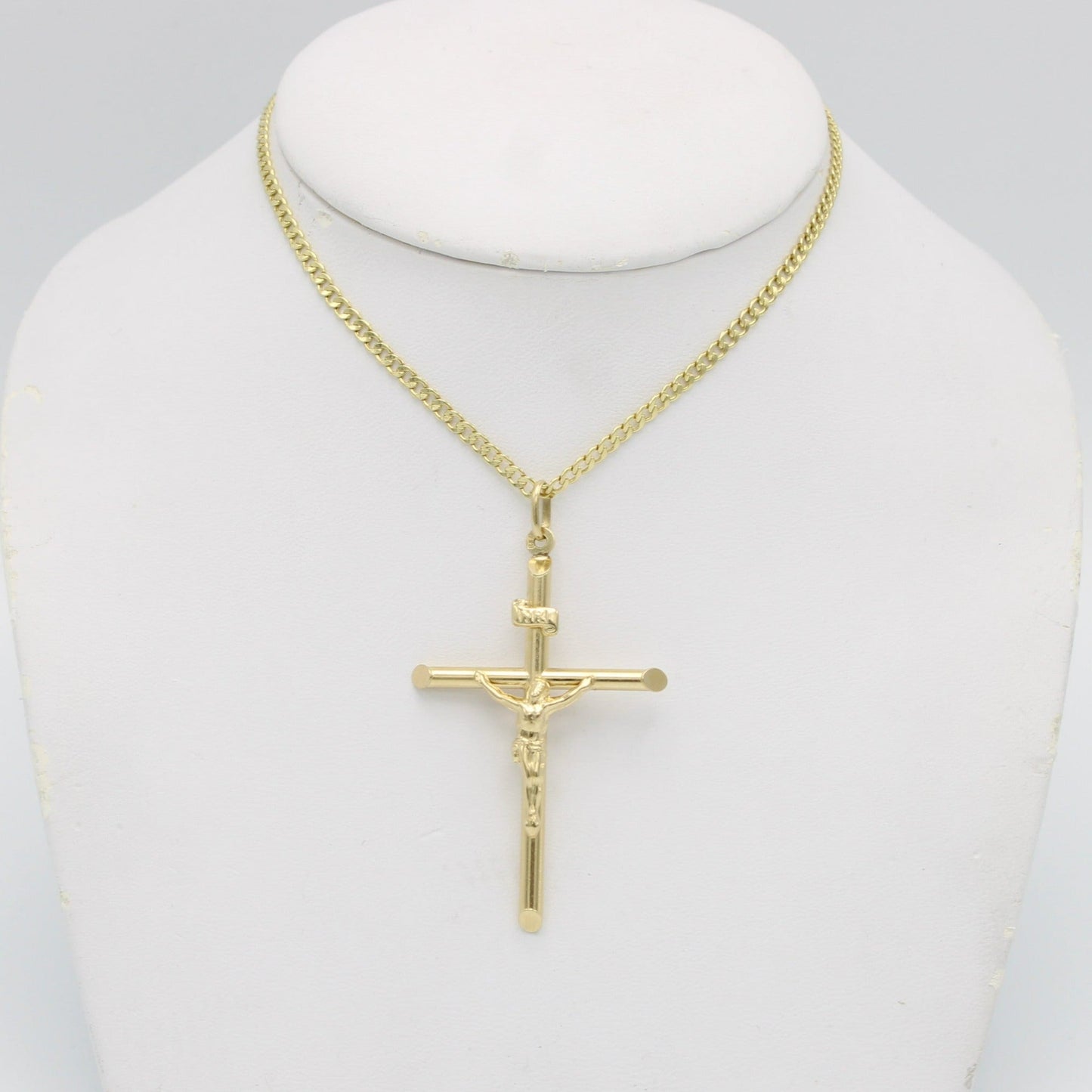 14K Cross Pendant With Semi-Solid Flat Cuban Chain Yellow Gold