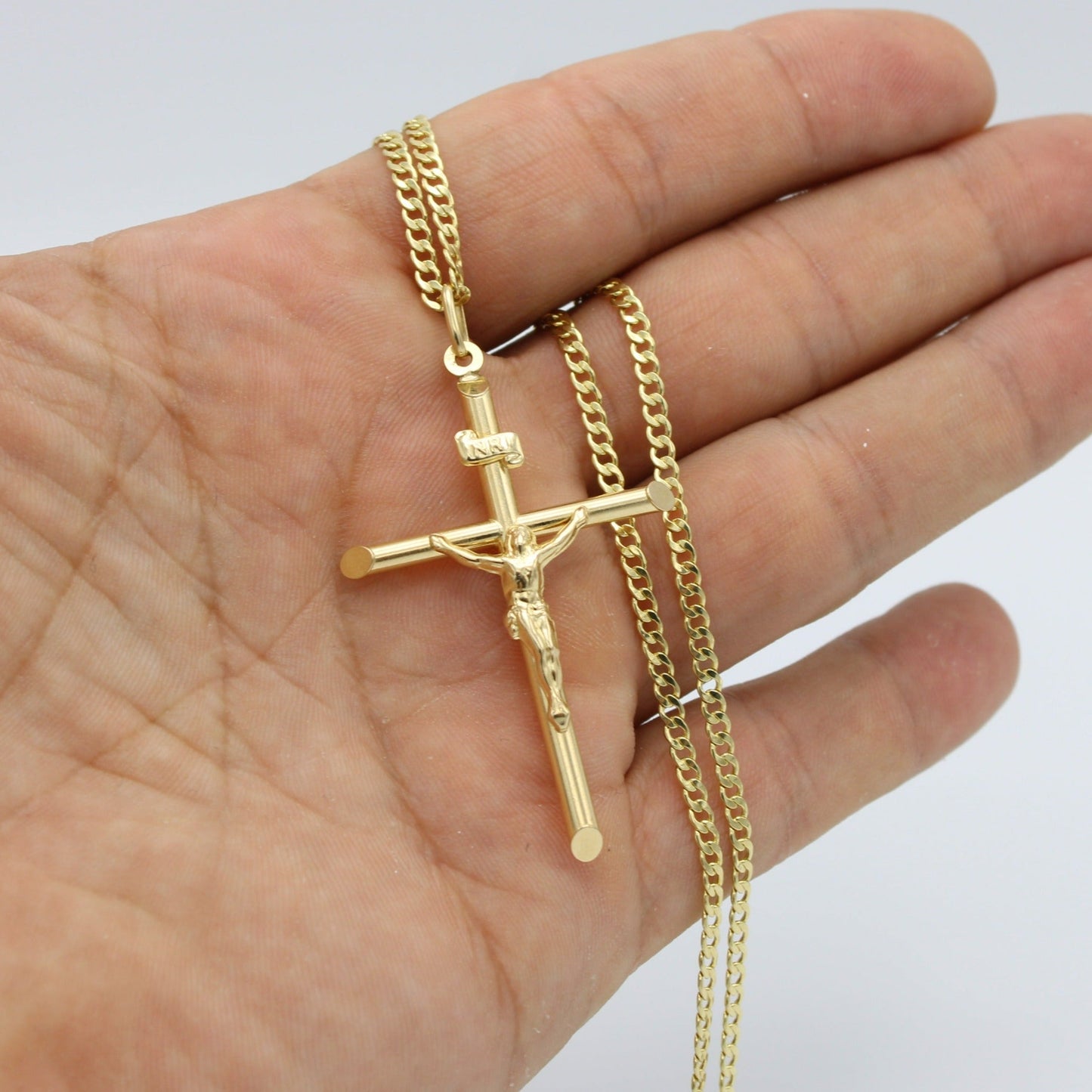 14K Cross Pendant With Semi-Solid Flat Cuban Chain Yellow Gold