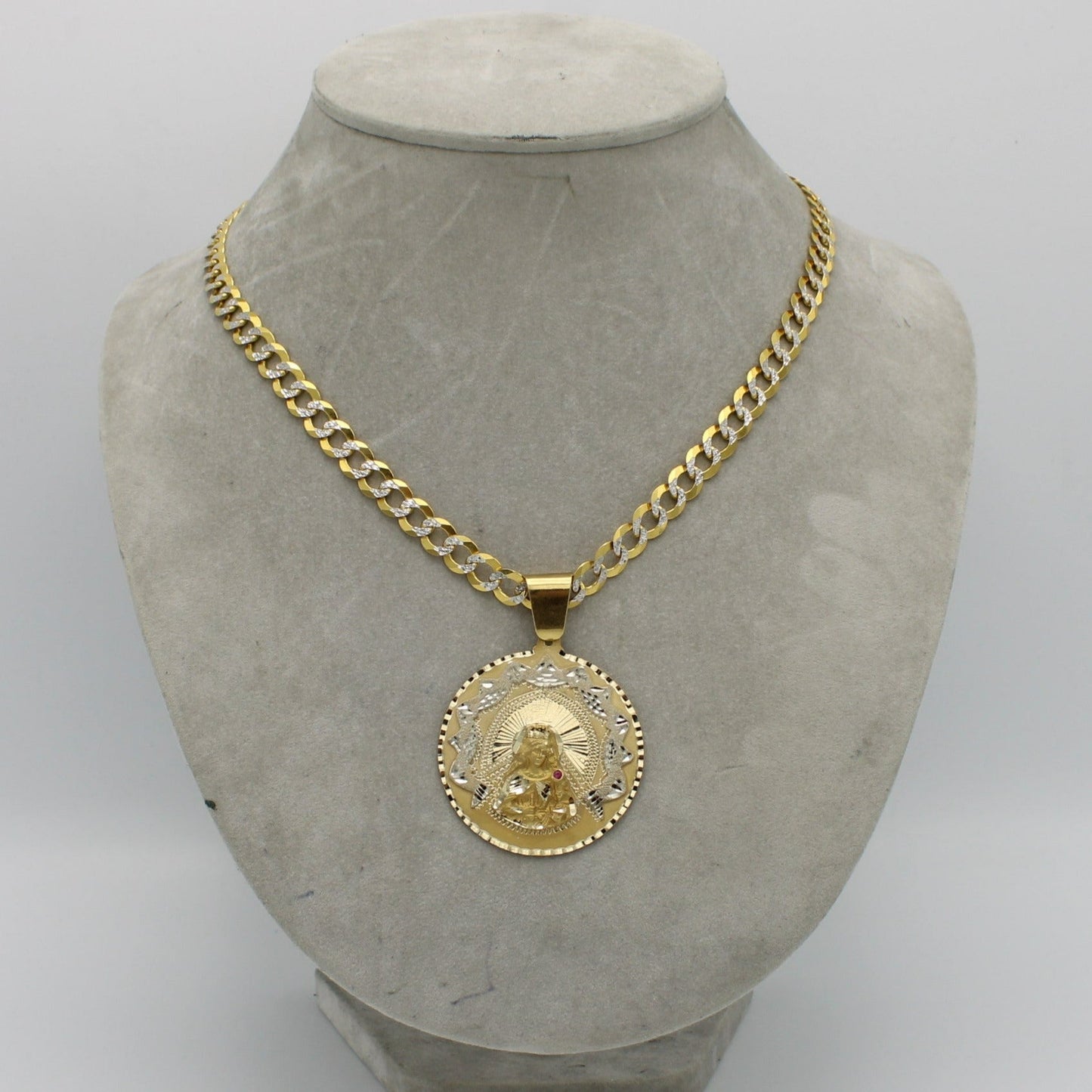 14K Round Santa Barbara Pendant With Solid Flat Cuban Chain Two Tones Yellow Gold