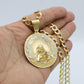 14K Round Santa Barbara Pendant With Solid Flat Cuban Chain Two Tones Yellow Gold