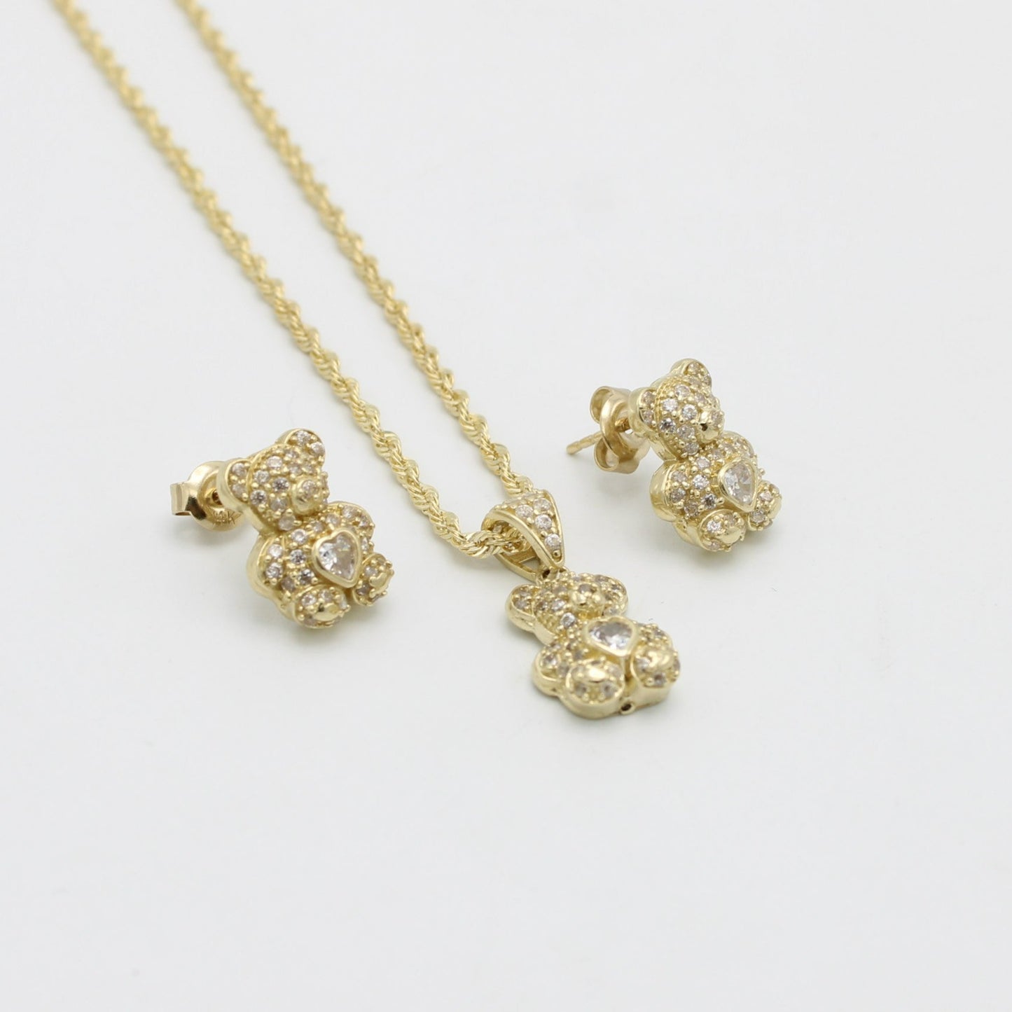 14K Teddy Bear Pendant Cz Stones With Rope Chain Yellow Gold