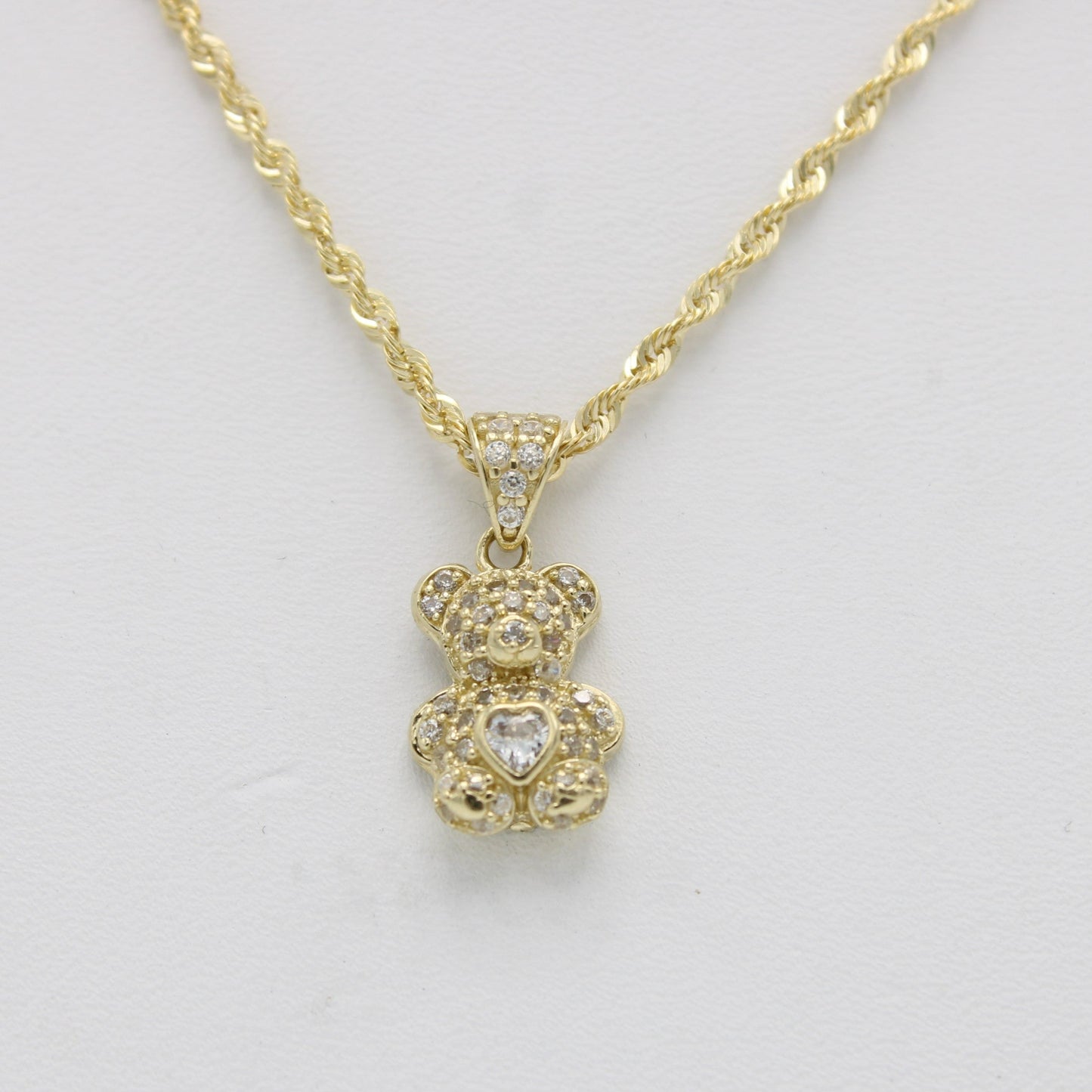 14K Teddy Bear Pendant Cz Stones With Rope Chain Yellow Gold