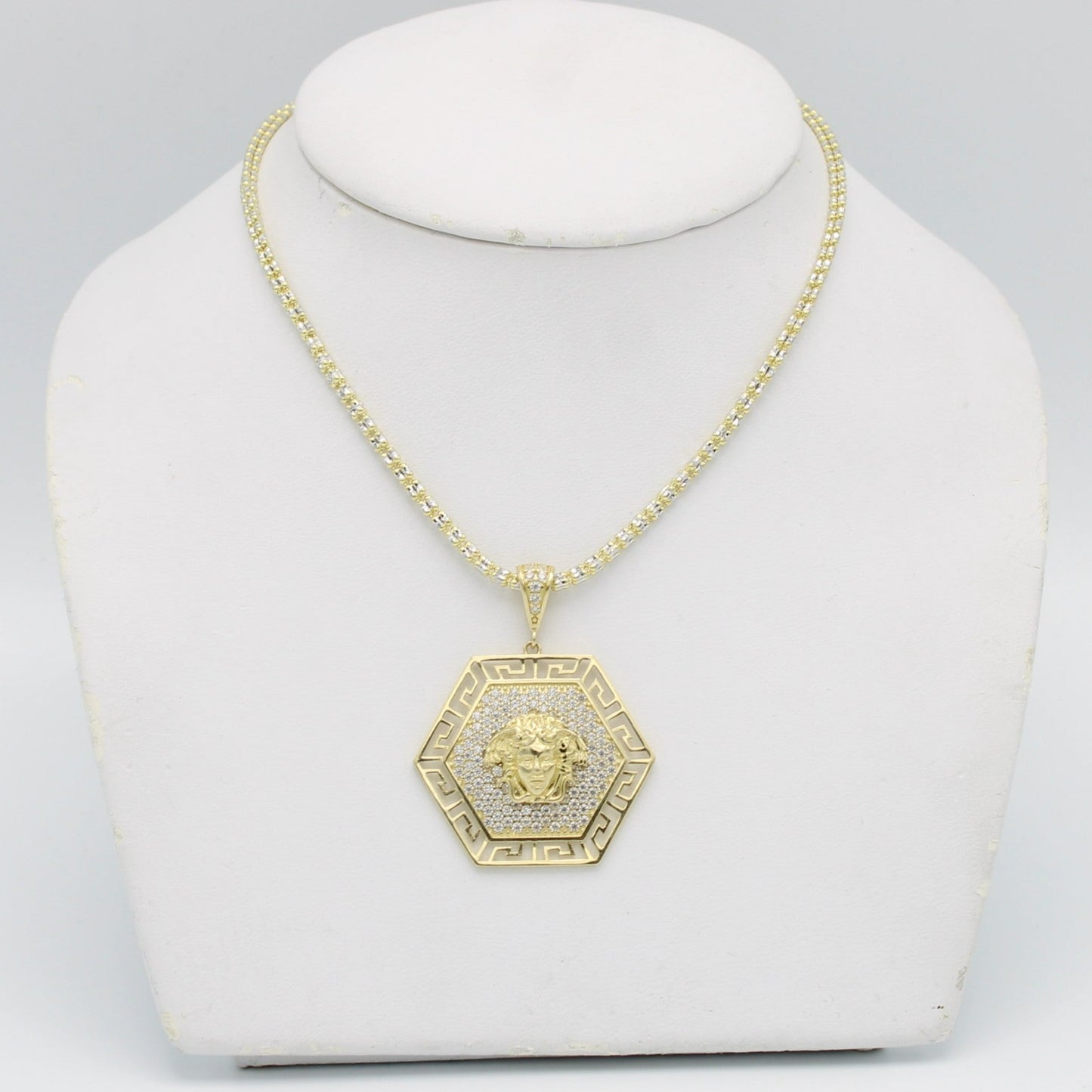 14K Medusa Pendant Cz Stones With Ice Chain Yellow Gold