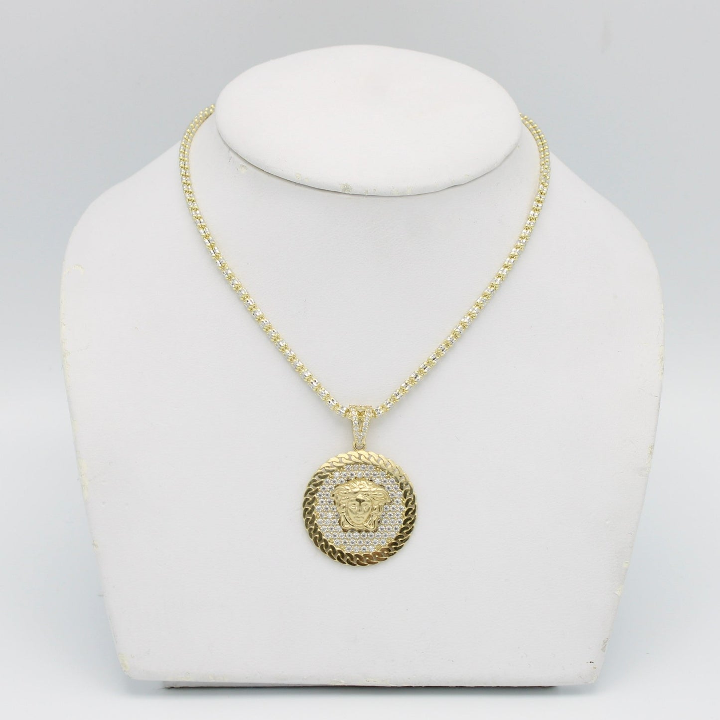 14K Medusa Pendant Cz Stones With Ice Chain Yellow Gold