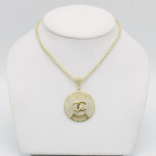 14K Fancy Pendant Cz Stones With Ice Chain Yellow Gold