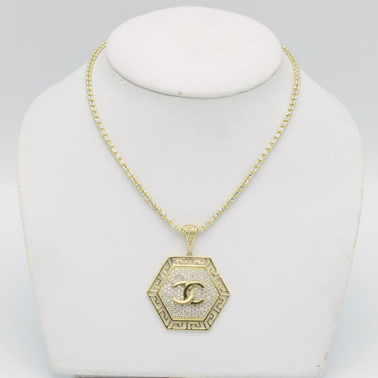 14K Fancy Pendant Cz Stones With Ice Chain Yellow Gold