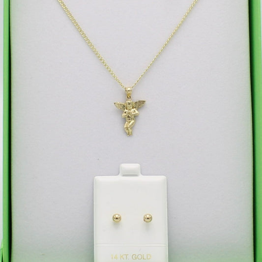 14K Angel Pendant with Cuban Chain With Earrings Yellow Gold