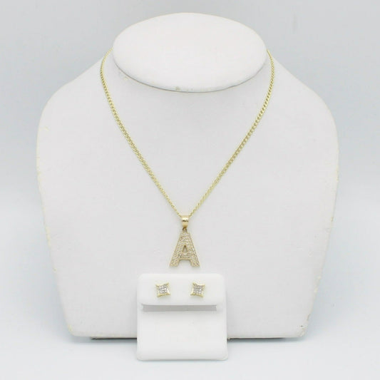 14K Initials Pendant Cz Stones With Cuban Chain Yellow Gold