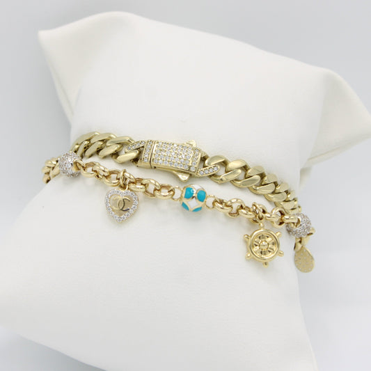 14K ITTALLO Bracelet Cz Stones With Bangle With Charms Yellow Gold