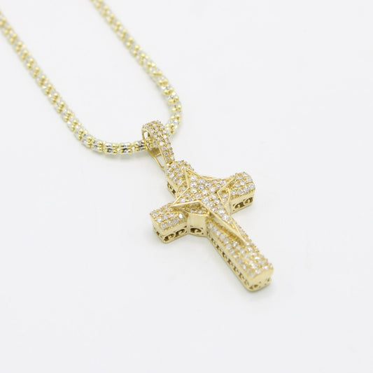 14K VS Diamond Cross Pendant With Ice Chain Yellow Gold