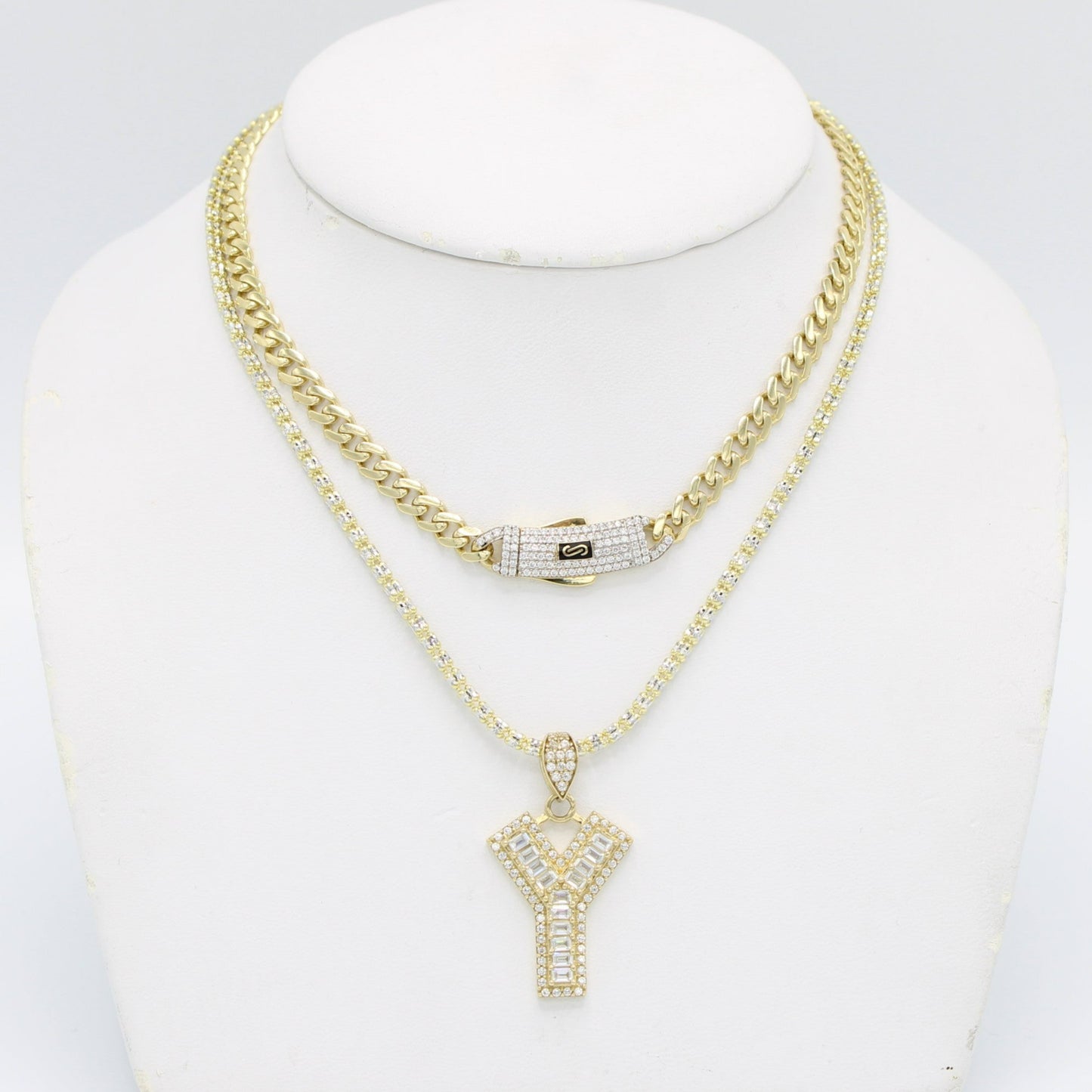 Combo 14K Monaco Choker With Initail Name Pendant with Ice Chain Yellow Gold