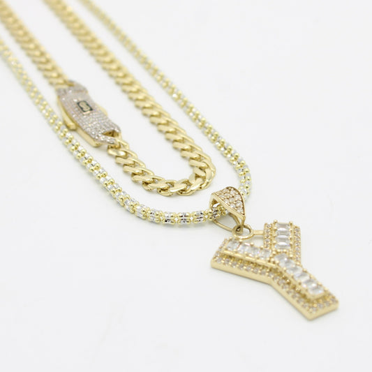 Combo 14K Monaco Choker With Initail Name Pendant with Ice Chain Yellow Gold