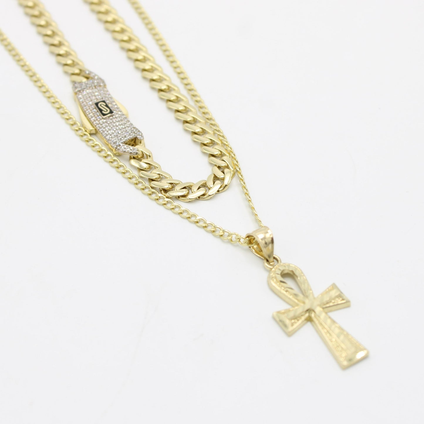 Combo 14K Monaco Choker With Cross Pendant with Cuban Chain Yellow Gold