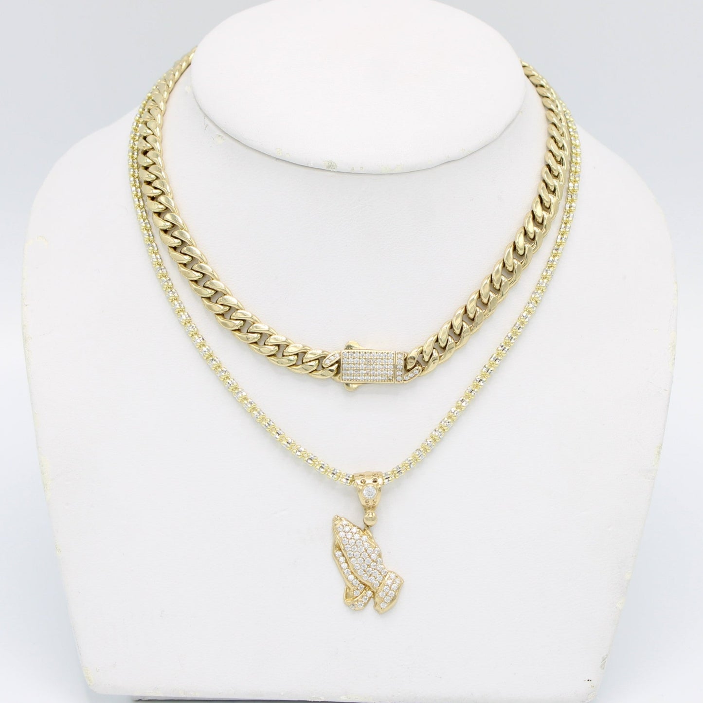 Combo 14K ITTALLO Choker with Pray hands Pendant With Ice Chain Yellow Gold