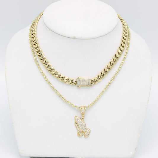 Combo 14K ITTALLO Choker with Pray hands Pendant With Ice Chain Yellow Gold