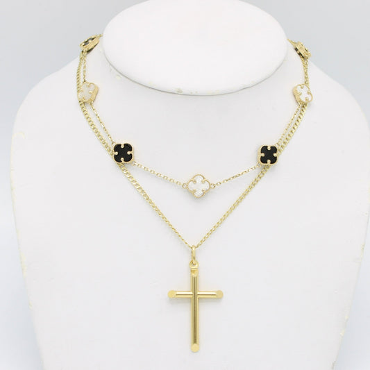 Combo 14K  Fancy Necklace VC ( Black )with Cross Pendant With Cuban Chain Yellow Gold