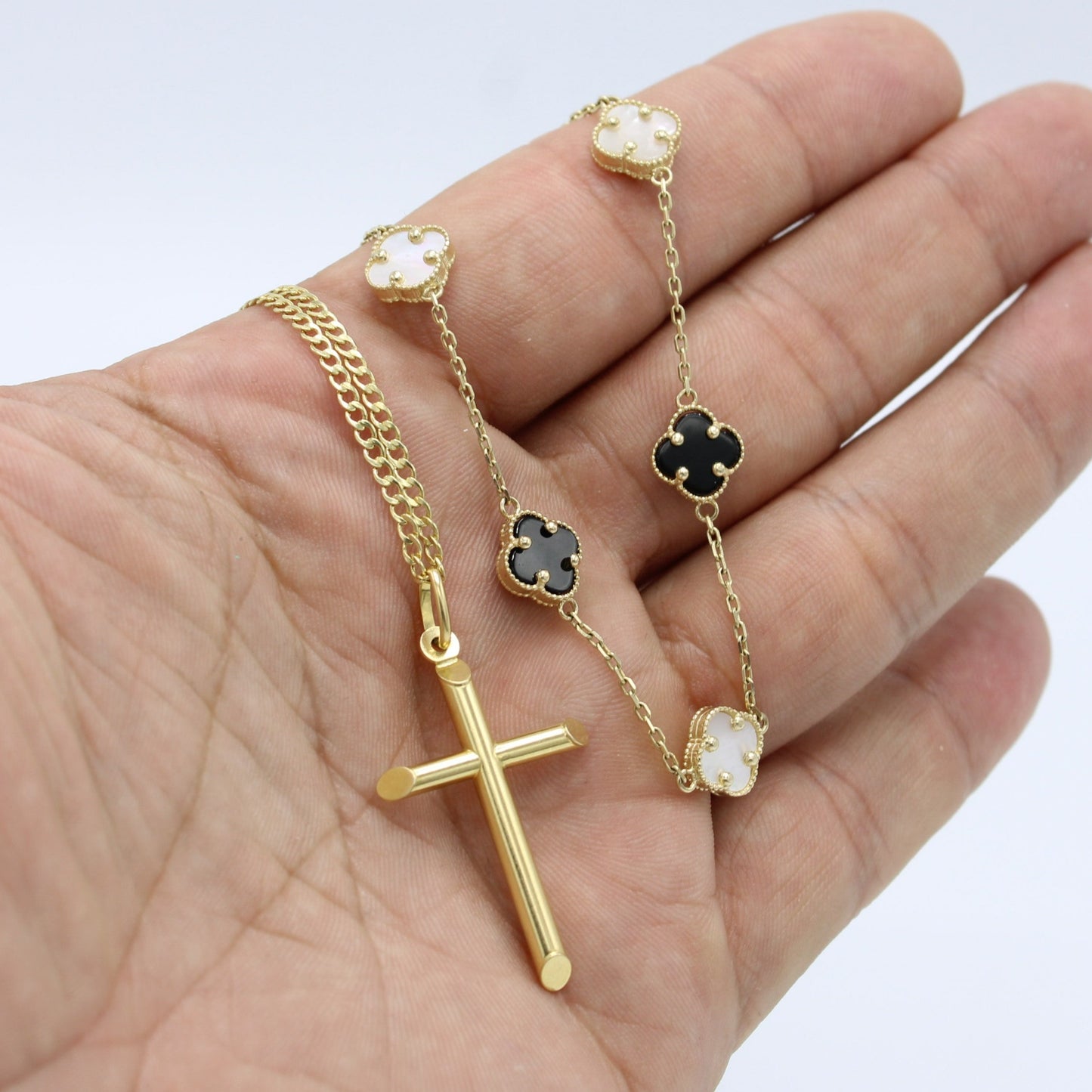 Combo 14K  Fancy Necklace VC ( Black )with Cross Pendant With Cuban Chain Yellow Gold