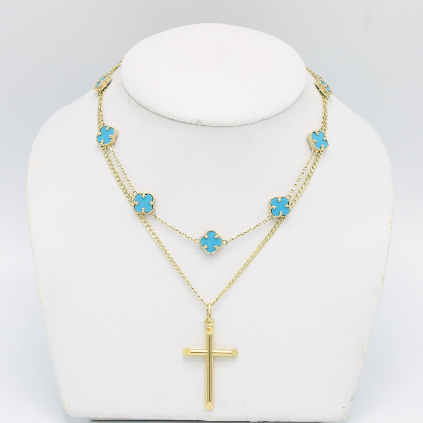 Combo 14K  Fancy Necklace VC ( Blue )with Cross Pendant With Cuban Chain Yellow Gold