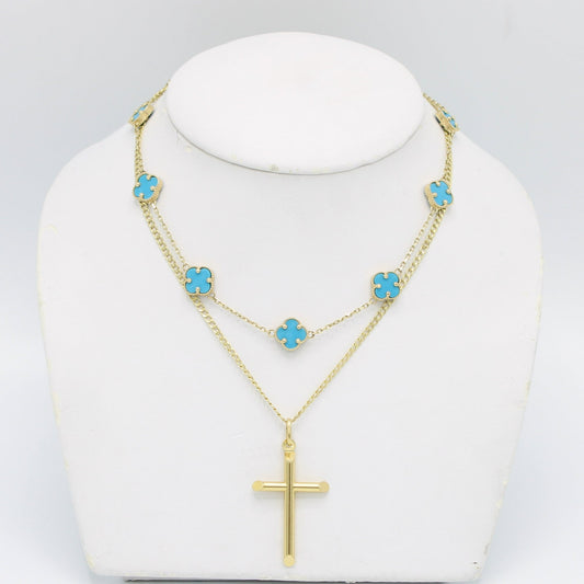 Combo 14K  Fancy Necklace VC ( Blue )with Cross Pendant With Cuban Chain Yellow Gold