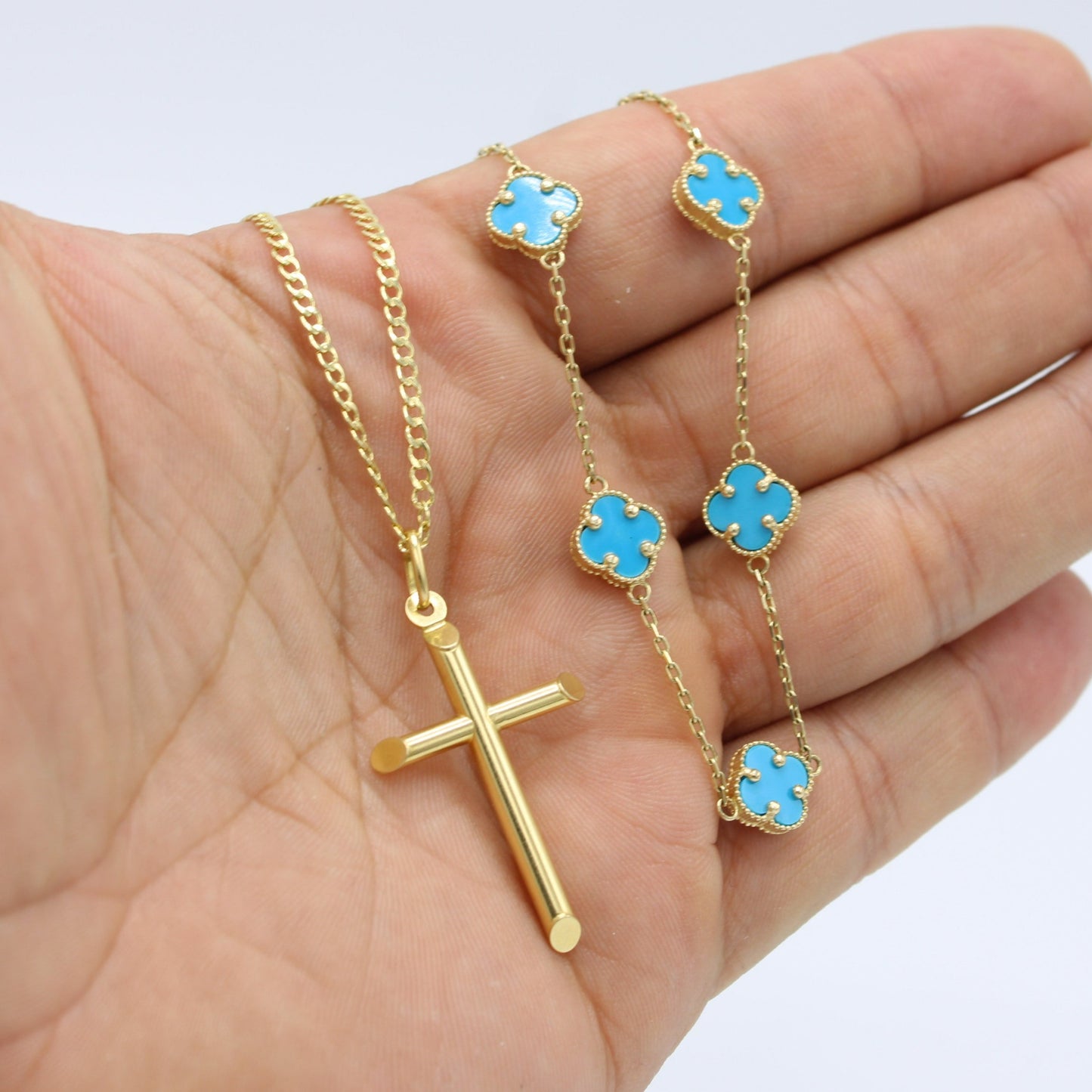 Combo 14K  Fancy Necklace VC ( Blue )with Cross Pendant With Cuban Chain Yellow Gold