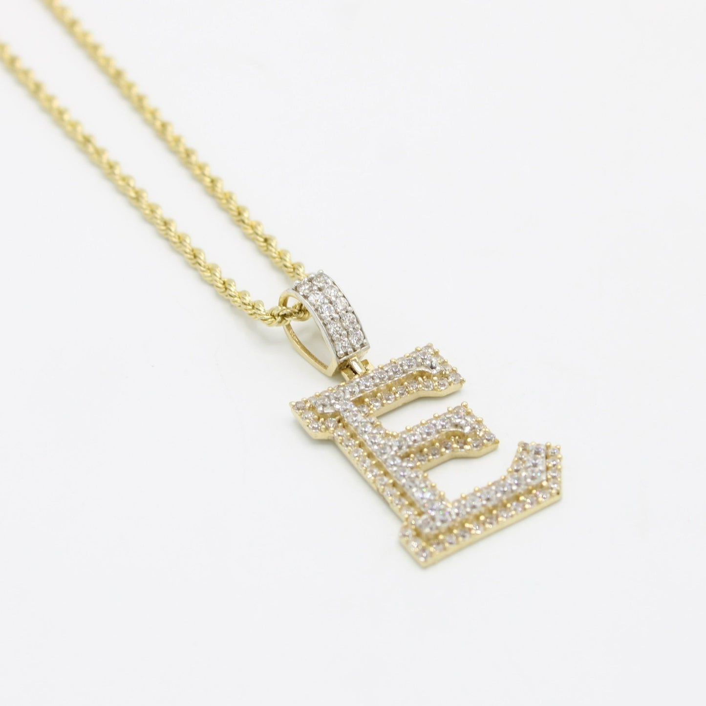 14K Initial Name Pendant Cz Stones With Rope Chain Yellow Gold