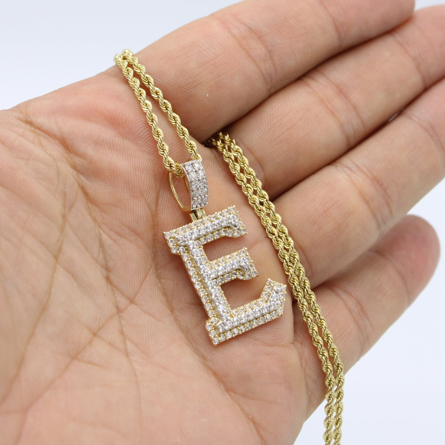 14K Initial Name Pendant Cz Stones With Rope Chain Yellow Gold