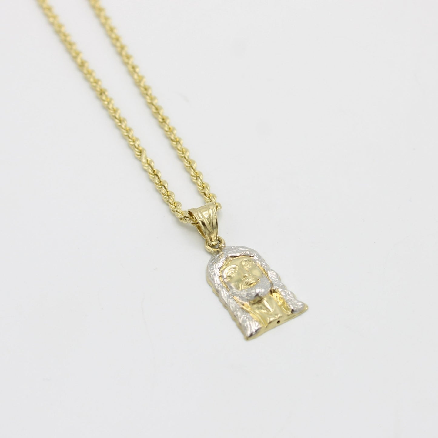 14K Jesus Pendant Two Tones With Rope Chain Yellow Gold