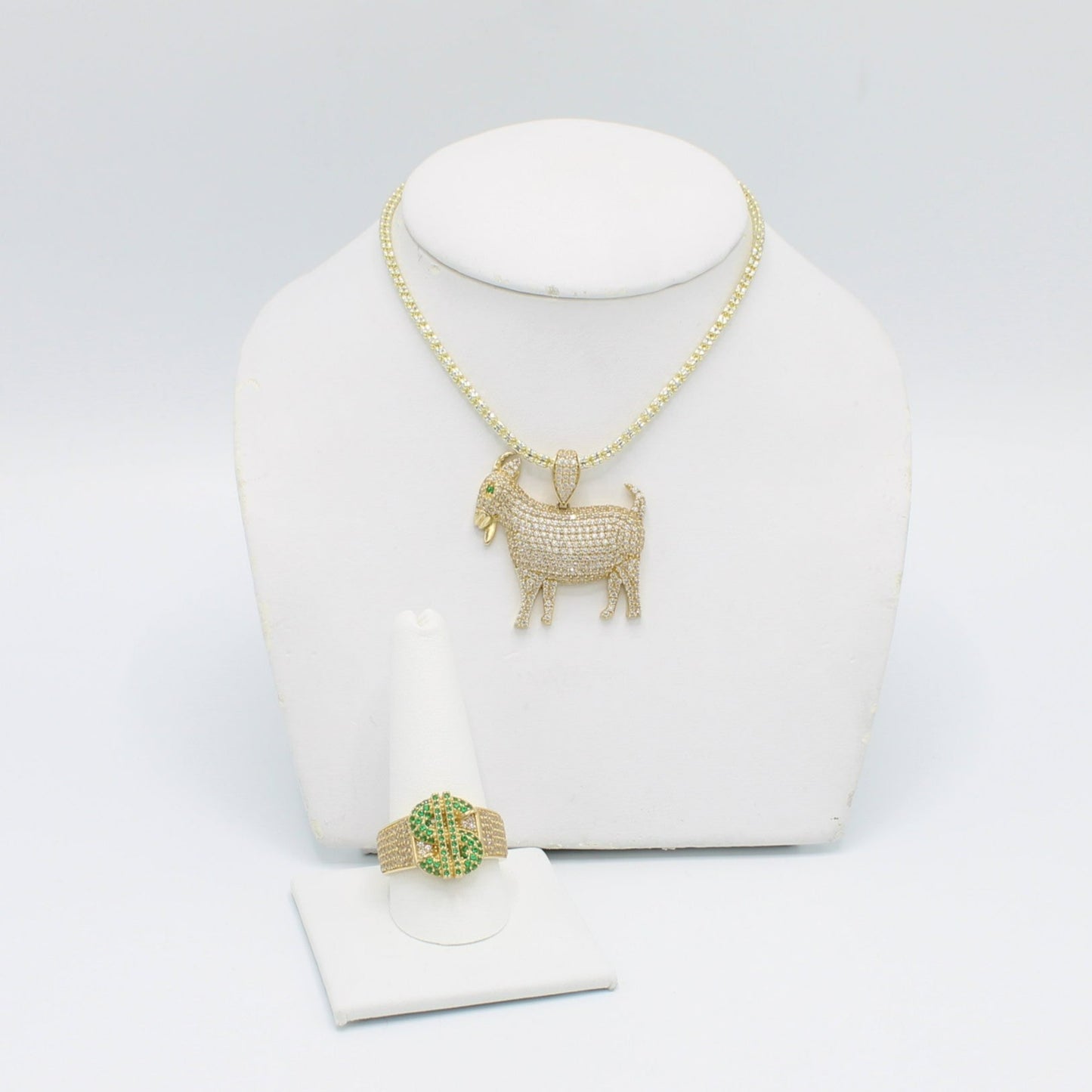 14K Goat Pendant Cz Stones With Ice Chain And Money Sing Ring Yellow Gold