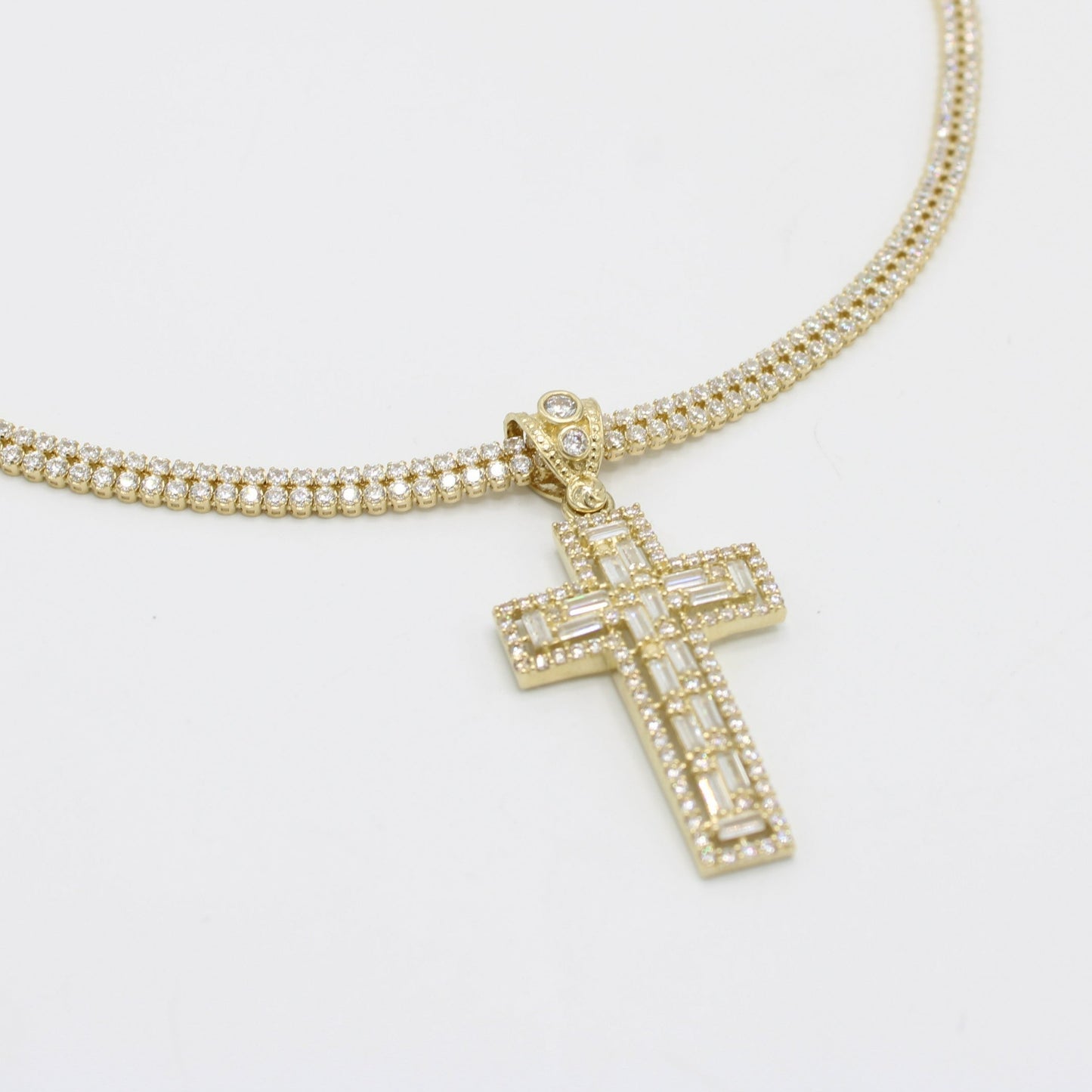 14K Monaco Choker Full Cz Stones With Cross Pendant Yellow Gold