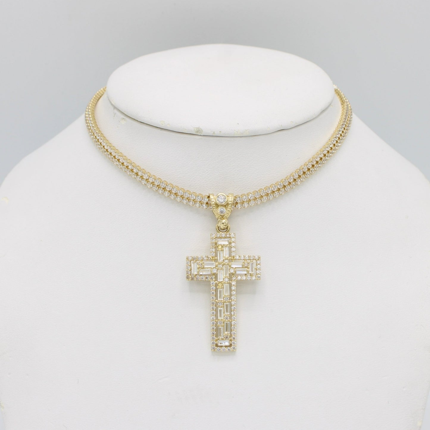 14K Monaco Choker Full Cz Stones With Cross Pendant Yellow Gold