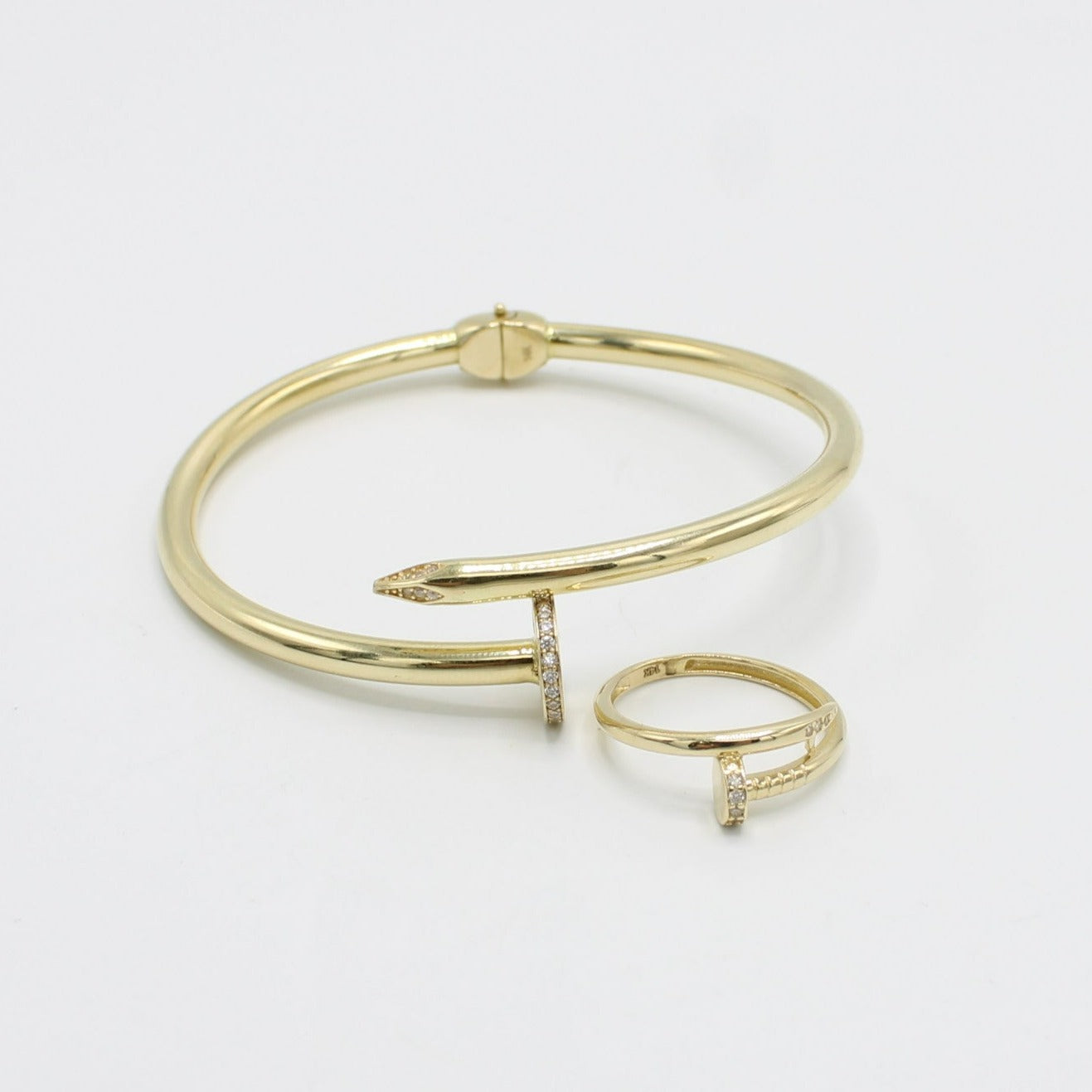 14K Nail Bangle And Ring Cz Stones Yellow Gold