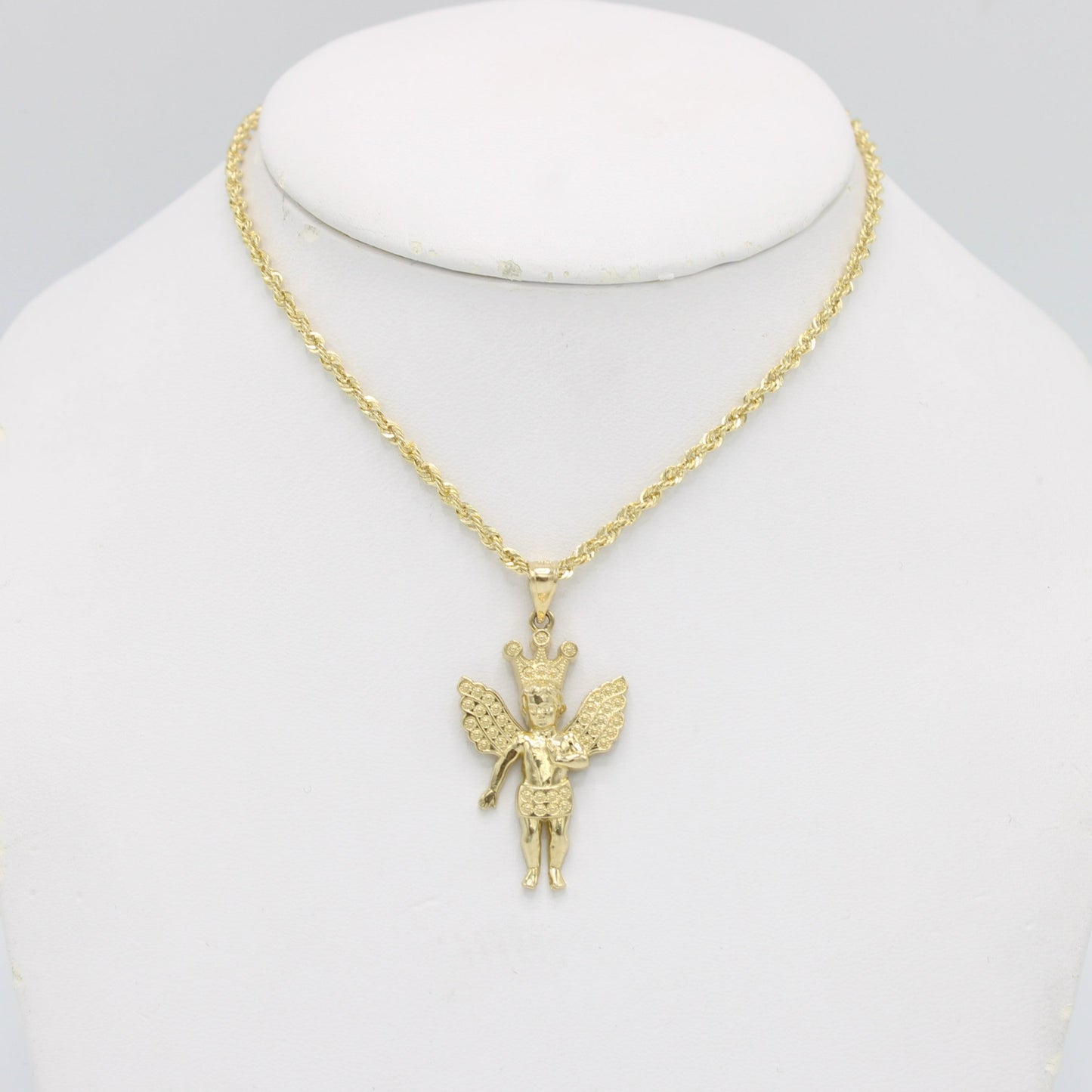 14K Angel Pendant With Rope Chain Yellow Gold