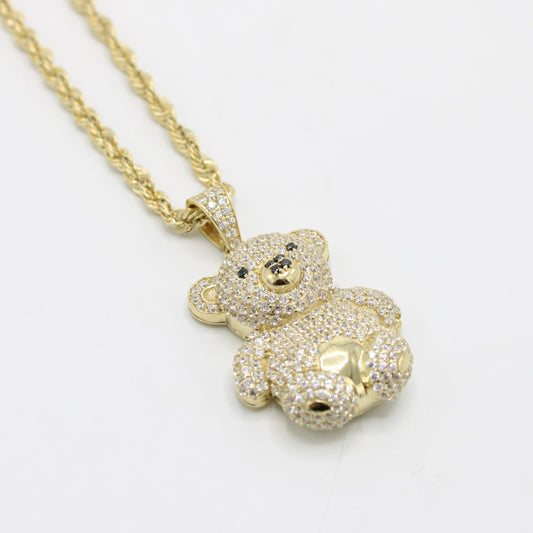 14K Teddy Bear Pendant Cz Stones With Rope Chain Yellow Gold