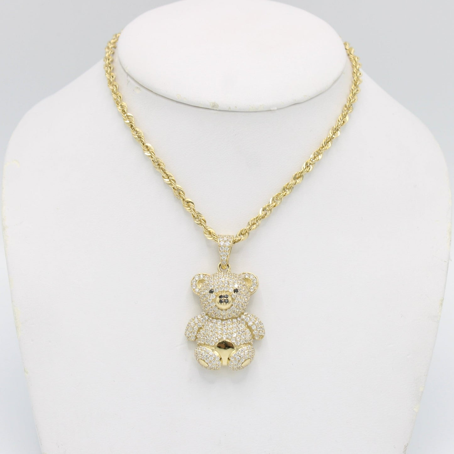 14K Teddy Bear Pendant Cz Stones With Rope Chain Yellow Gold