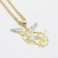 14K San MIguel Arcangel Pendant Cz Stones With Semi - Solid Flat Cuban Chain Two Tones Yellow Gold