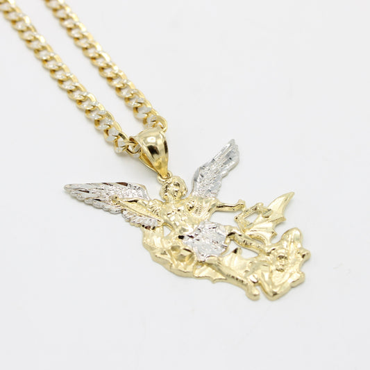 14K San MIguel Arcangel Pendant Cz Stones With Semi - Solid Flat Cuban Chain Two Tones Yellow Gold