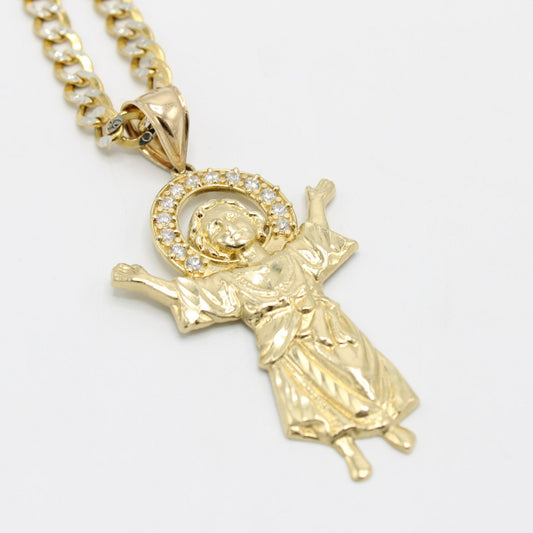 14K Divino Nino Pendant Cz Stones With Flat Cuban Chain Two Tones Yellow Gold