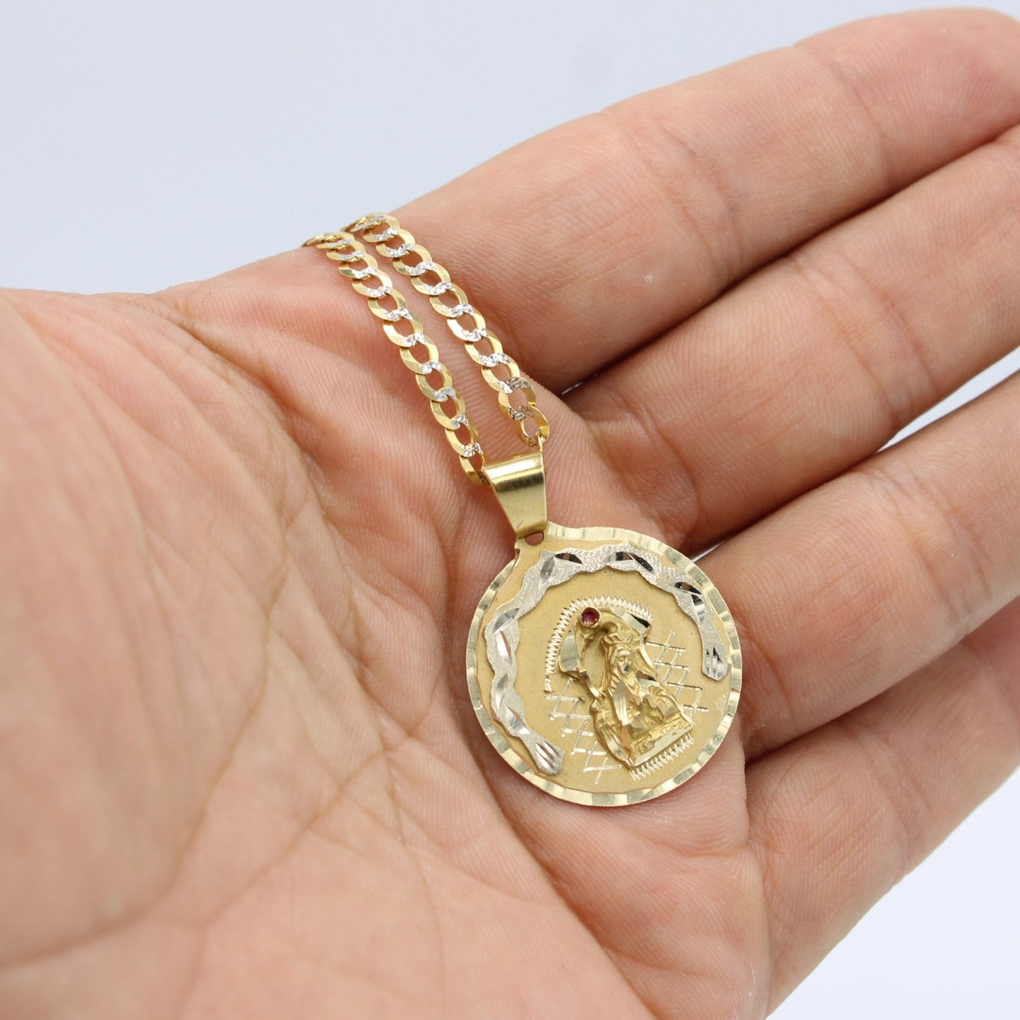 14K Round Virgen Maria ( Red Stone ) Pendant With Classic Flat Cuban Chain Two Tones Yellow Gold