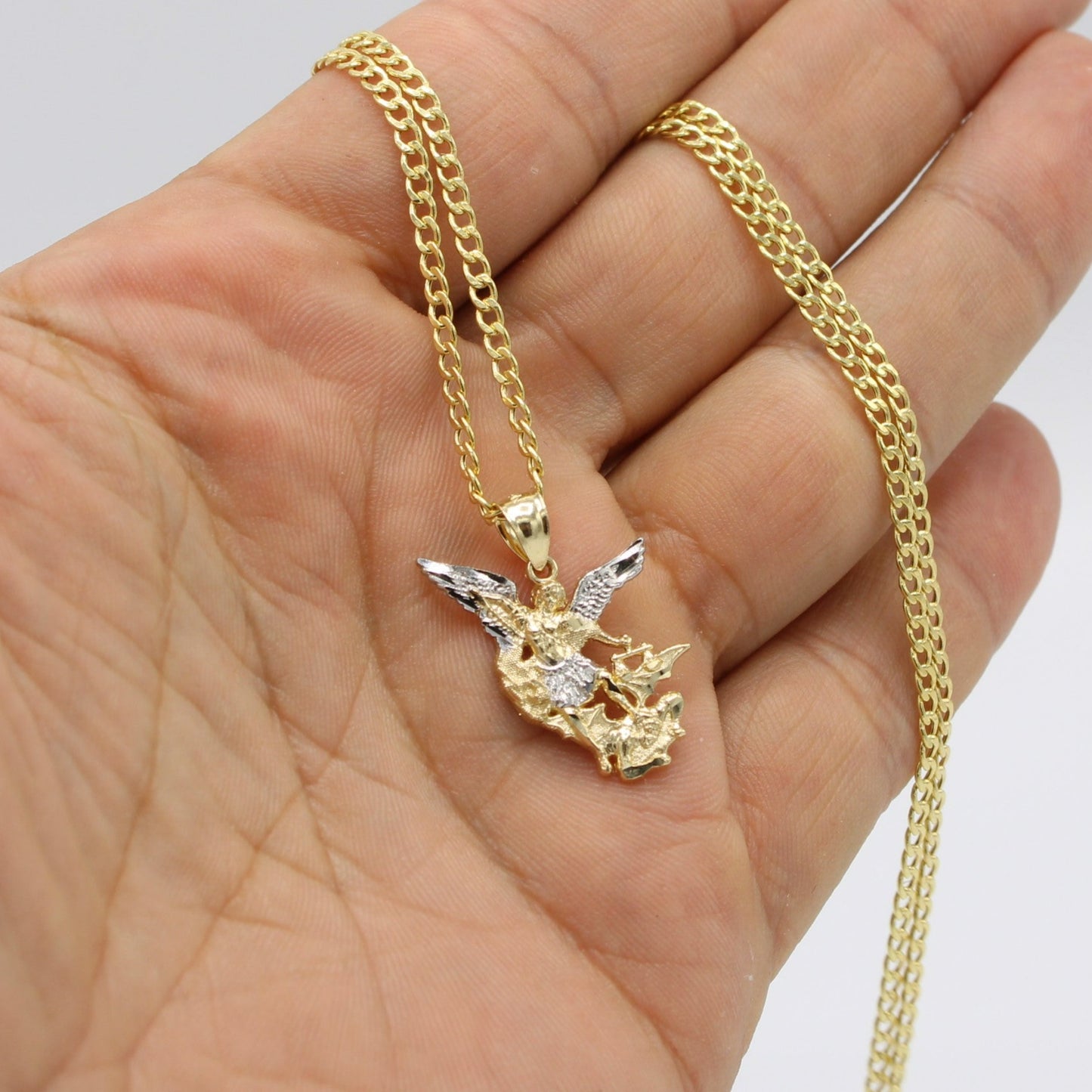14K San Miguel Arcangel With Cuban Chain Yellow Gold