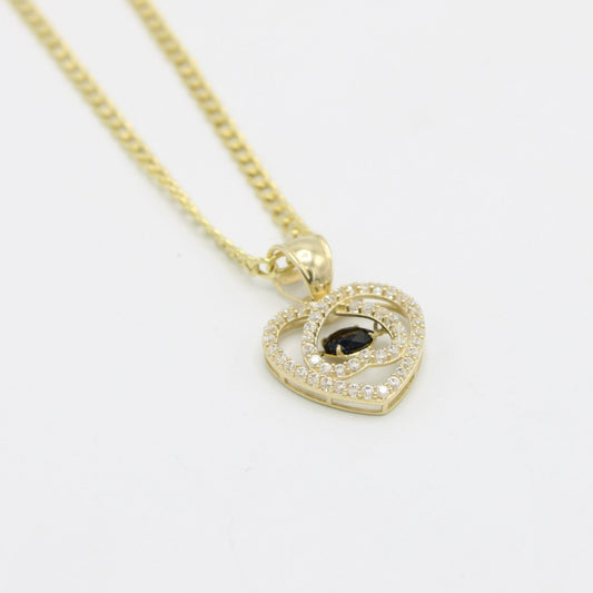 14K Heart Pendant Cz Stones With Cuban Chain Yellow Gold