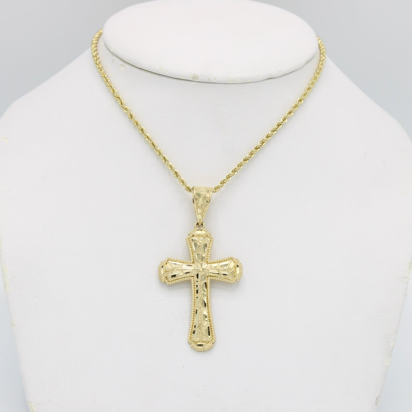 14K Cross Pendant  With Rope Chain Yellow Gold