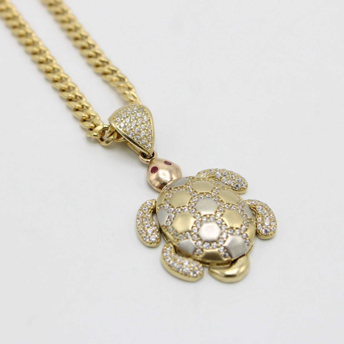 14K Turtle Pendant Cz Stones with Miami Cuban Chain Yellow Gold