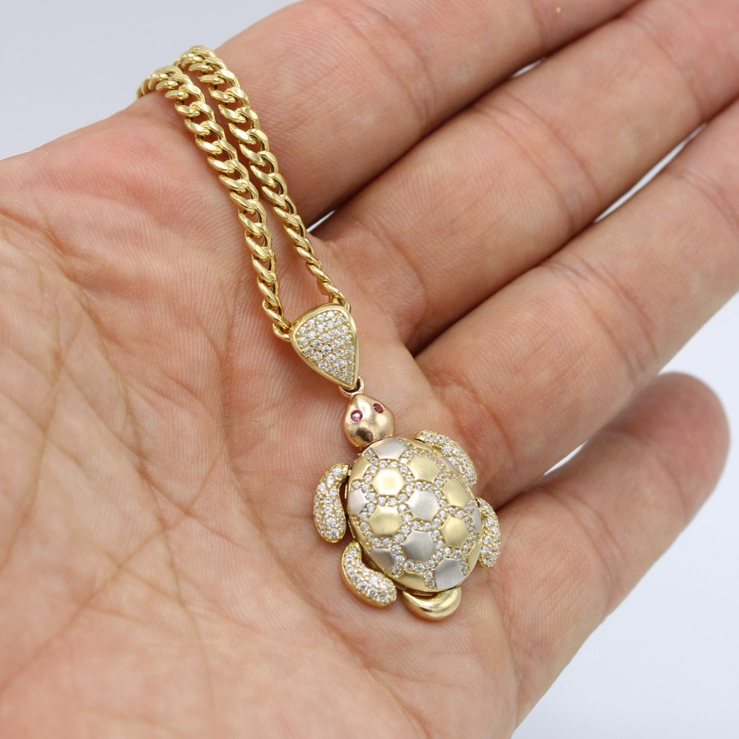 14K Turtle Pendant Cz Stones with Miami Cuban Chain Yellow Gold