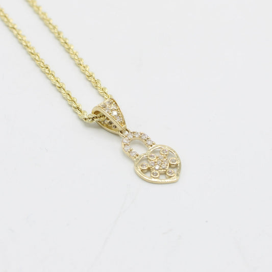 14K Lock - Heart Pendant Cz Stones With Rope Chain Yellow Gold