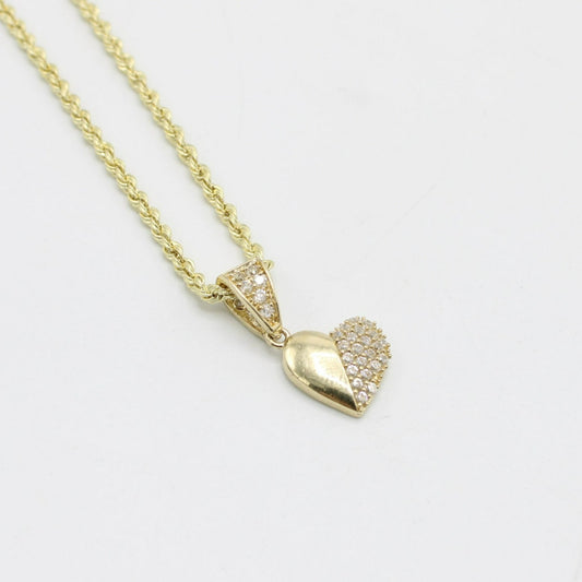 14K Heart Pendant Cz Stones With Rope Chain Yellow Gold
