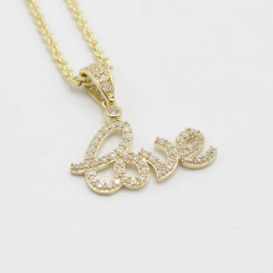 14K Love Pendant Cz Stones With Rope Chain Yellow Gold